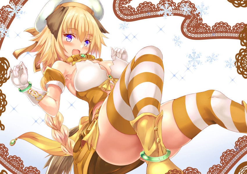1girl :d animal_ears anklet blonde_hair bracelet braid breasts dog_ears dog_tail fate/apocrypha fate_(series) gloves hat highres jeanne_d'arc_(april_magical)_(fate) jeanne_d'arc_(fate) jeanne_d'arc_(fate/apocrypha) jewelry long_hair looking_at_viewer official_alternate_costume open_mouth rojiura_satsuki:_chapter_heroine_sanctuary shoes single_braid smile snowflakes solo striped striped_legwear tail thigh-highs uchida_shou violet_eyes white_gloves white_headwear yellow_collar yellow_footwear