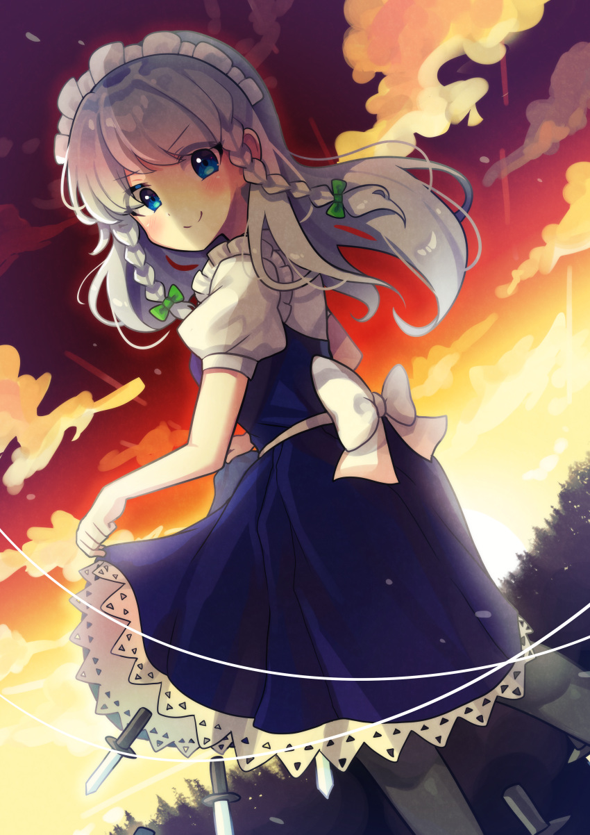 1girl absurdres blue_eyes blush braid breasts closed_mouth clothes_lift dress dress_lift dusk feet_out_of_frame highres izayoi_sakuya knife long_hair looking_back maid maid_headdress offbeat puffy_short_sleeves puffy_sleeves short_sleeves silver_hair smile solo touhou twin_braids
