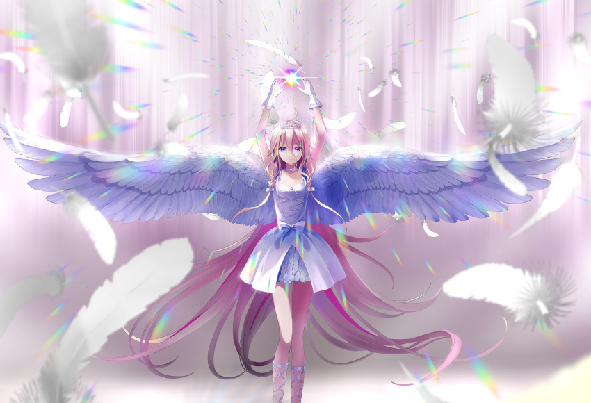 1girl ahoge angel_wings artist_request bare_arms blonde_hair blue_eyes bow braid cevio closed_mouth cross-laced_clothes dress dress_bow falling_feathers feathered_wings feathers feet_out_of_frame floating_hair gladiator_sandals gloves hair_between_eyes hair_ornament highres ia_(vocaloid) jewelry light light_smile long_hair looking_at_viewer multicolored_hair necklace official_art pink_hair sandals short_dress side_braids sleeveless sleeveless_dress solo spread_wings standing streaked_hair tiara twin_braids two-tone_hair very_long_hair vocaloid waist_bow white_dress white_feathers white_footwear white_gloves wings