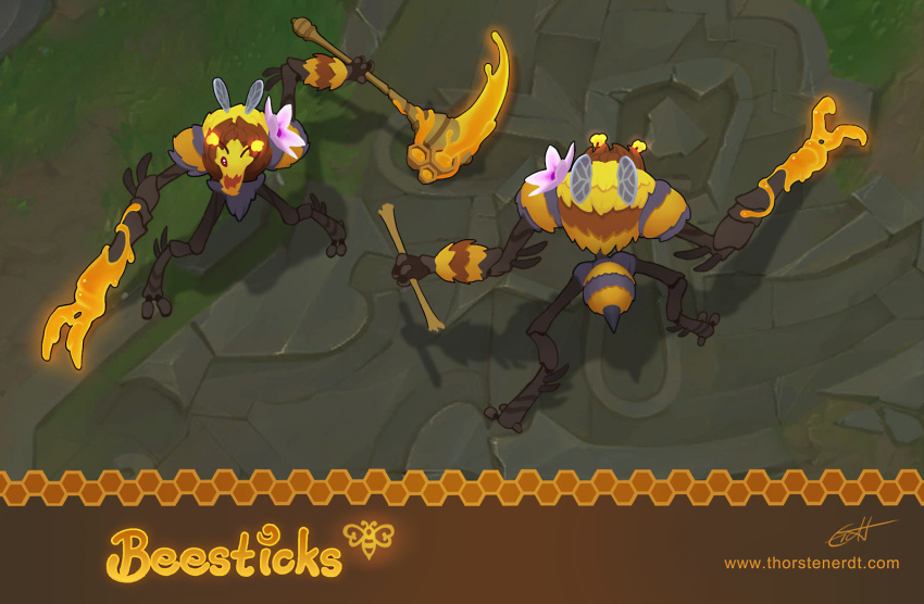 2others bee bug character_name dual_persona fiddlesticks highres holding holding_scythe holding_weapon league_of_legends multiple_others needle one_eye_closed open_mouth outdoors scythe signature standing thorsten_erdt weapon web_address