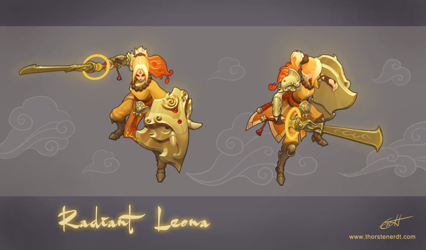 1girl alternate_costume armor armored_boots bangs bead_necklace beads blonde_hair boots character_name facial_mark forehead_mark glowing grey_background holding holding_shield holding_sword holding_weapon japanese_clothes jewelry kimono league_of_legends leona_(league_of_legends) long_hair necklace orange_kimono shield shoulder_armor signature sword thorsten_erdt weapon web_address