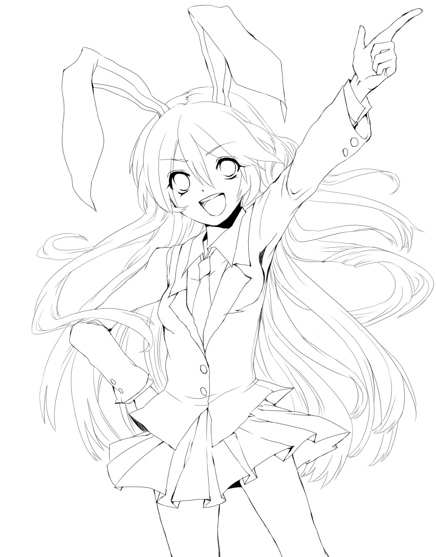 1girl animal_ears blazer hand_on_hip highres lalaoa lineart long_hair monochrome necktie open_mouth pleated_skirt pointing pointing_up rabbit_ears reisen_udongein_inaba simple_background skirt solo touhou