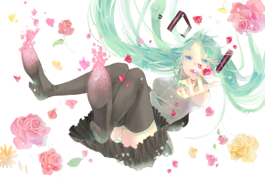 aqua_eyes aqua_hair detached_sleeves flower hatsune_miku highres legs long_hair nail_polish necktie panties petals rose skirt solo striped striped_panties thigh-highs thighhighs twintails underwear very_long_hair vient vocaloid zettai_ryouiki