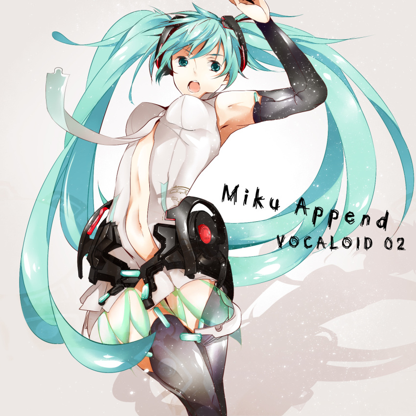 aqua_hair armpits bad_id bridal_gauntlets colored hatsuko hatsune_miku hatsune_miku_(append) highres long_hair miku_append navel necktie open_mouth thigh-highs thighhighs twintails very_long_hair vocaloid vocaloid_append
