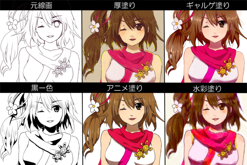 bare_shoulders brown_eyes brown_hair female kunoichi_(sengoku_musou) long_hair ponytail scarf sengoku_musou sengoku_musou_3 solo wink ydkw