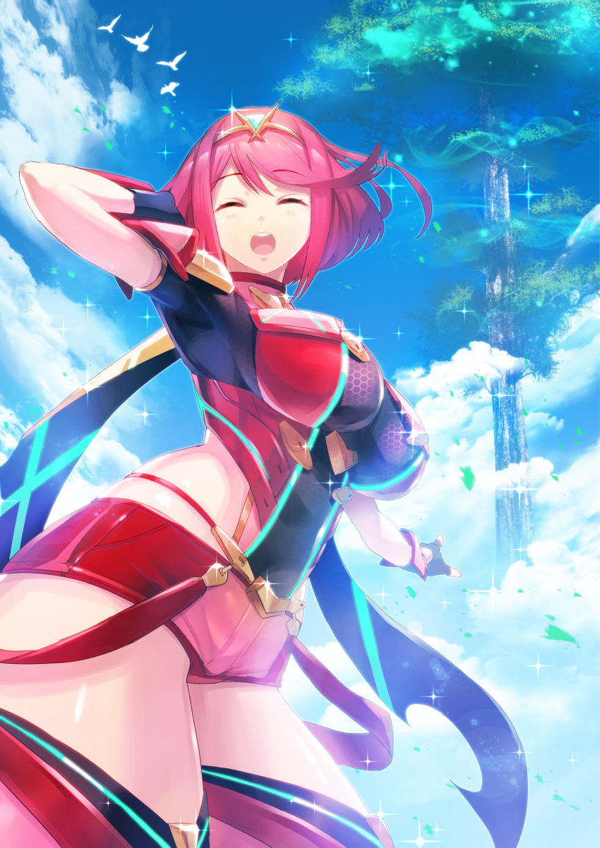 1girl absurdres bangs blush breasts closed_eyes earrings fingerless_gloves gloves green322 hair_ornament highres pyra_(xenoblade) jewelry large_breasts looking_at_viewer open_mouth redhead short_hair shorts sidelocks simple_background sky smile solo tiara xenoblade_(series) xenoblade_2