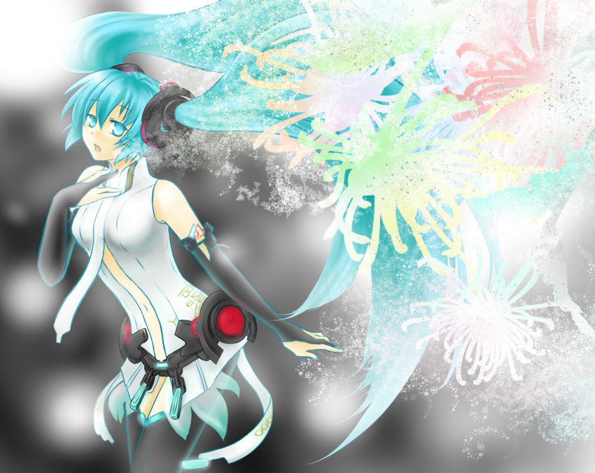 aqua_eyes aqua_hair bridal_gauntlets hand_on_chest hand_on_own_chest hatsune_miku hatsune_miku_(append) isopen long_hair miku_append navel necktie open_mouth solo thigh-highs thighhighs twintails very_long_hair vocaloid vocaloid_append
