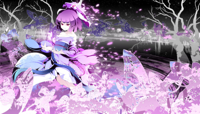 bare_shoulders butterfly cherry_blossoms flower hat hat_removed headwear_removed highres japanese_clothes kimono night petals purple_eyes purple_hair saigyouji_yuyuko short_hair sky star_(sky) starry_sky stars touhou tree violet_eyes water