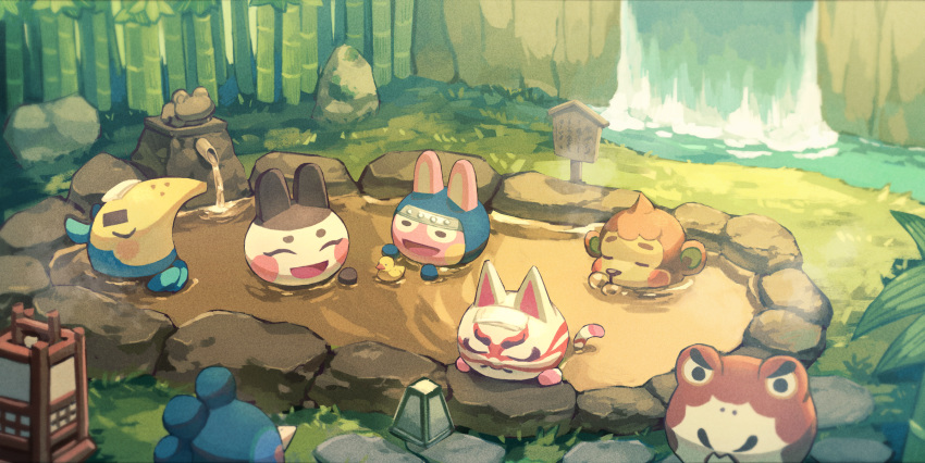 6+boys :d ^_^ animal_crossing animal_ears anteater bamboo bamboo_forest bird blush blush_stickers cat cat_ears cat_tail closed_eyes closed_mouth commentary_request croque_(animal_crossing) cyrano_(animal_crossing) day facial_hair flip_(animal_crossing) forest frog frown furry furry_male genji_(animal_crossing) grass happy highres in_water kabuki_(animal_crossing) ken_(animal_crossing) lantern monkey monkey_ears multiple_boys mustache nature onsen open_mouth outdoors partially_submerged plant rabbit rabbit_ears rock rubber_duck saino_misaki shishi_odoshi sign smile snake_(animal_crossing) solid_circle_eyes statue steam tail thick_eyebrows towel towel_on_head v-shaped_eyebrows water waterfall