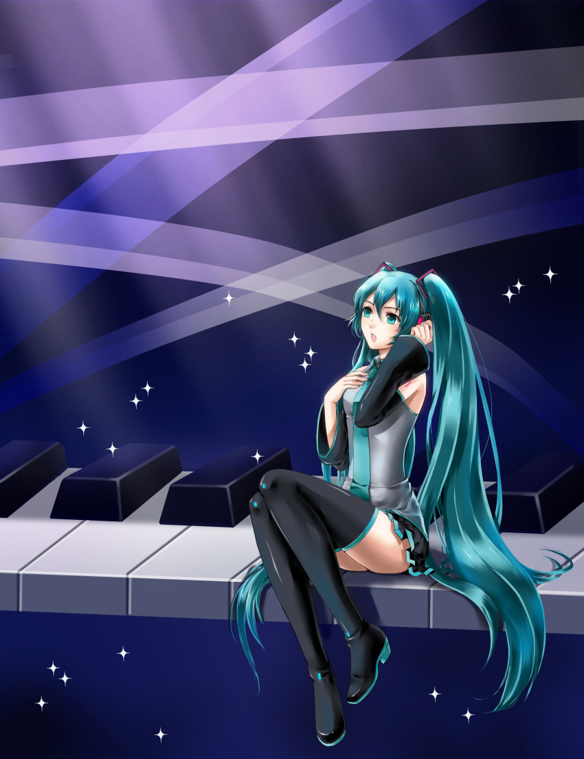 absurdres aqua_eyes aqua_hair detached_sleeves hand_on_chest hand_on_own_chest hatsune_miku highres instrument iwao legs long_hair necktie open_mouth piano sitting skirt solo thigh-highs thighhighs twintails very_long_hair vocaloid