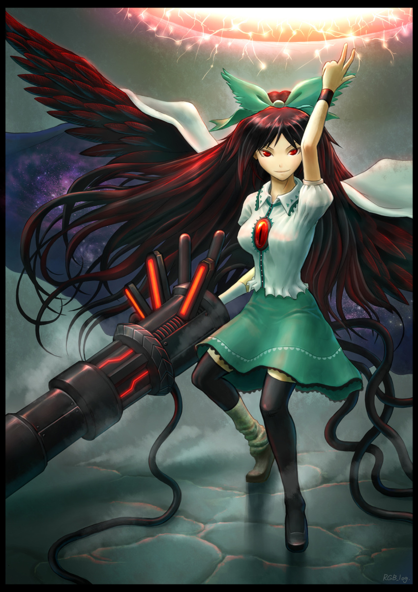 arm_cannon asymmetrical_clothing black_hair black_thighhighs bow breasts cape electricity hair_bow large_breasts long_hair red_eyes reiuji_utsuho ryohey solo sun thigh-highs touhou wings zettai_ryouiki