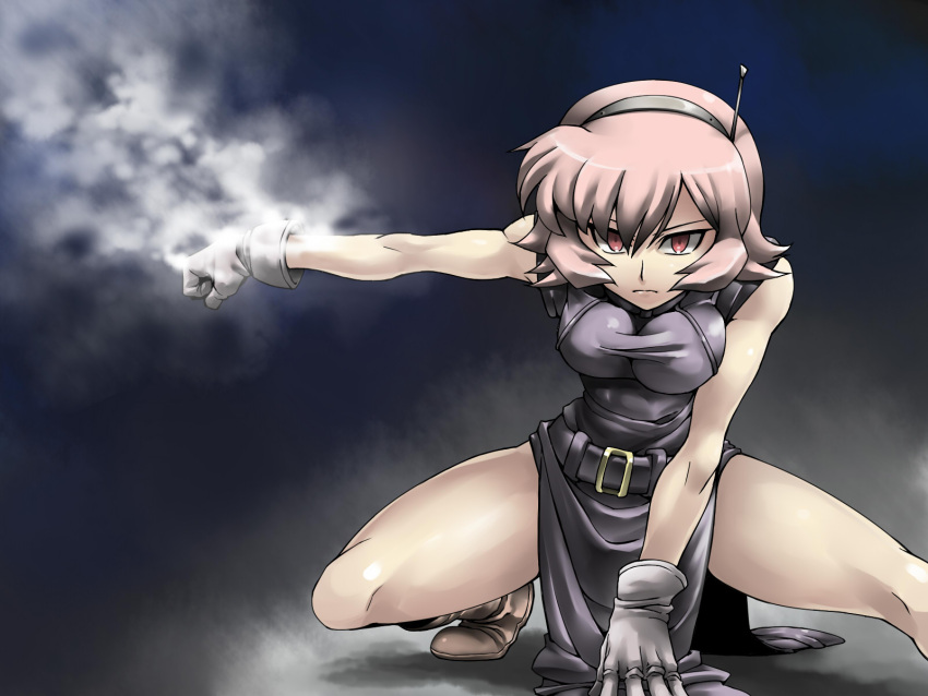 1girl arm_support boots breasts female ghost_sweeper_mikami gloves highres looking_at_viewer maria_(ghost_sweeper_mikami) pink_hair red_eyes red_hair redhead short_hair solo tsuki_wani