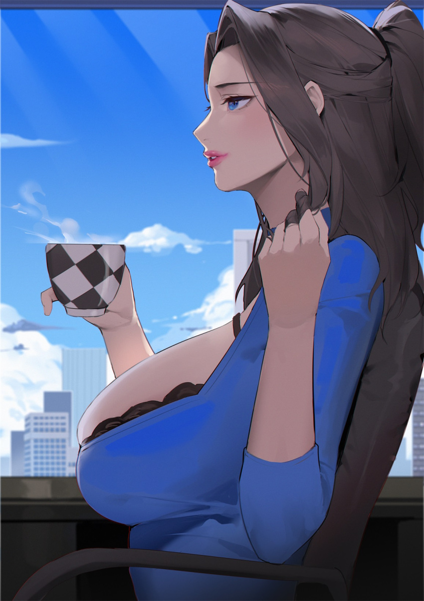 1girl alios_arvin black_bra blue_eyes blue_shirt blue_sky bra bra_peek breasts brown_hair chair clouds cup from_side hand_in_hair hand_up highres holding holding_cup huge_breasts indoors lips lipstick long_hair makeup on_chair original parted_lips ponytail red_lips shirt sitting sky solo teacup underwear window