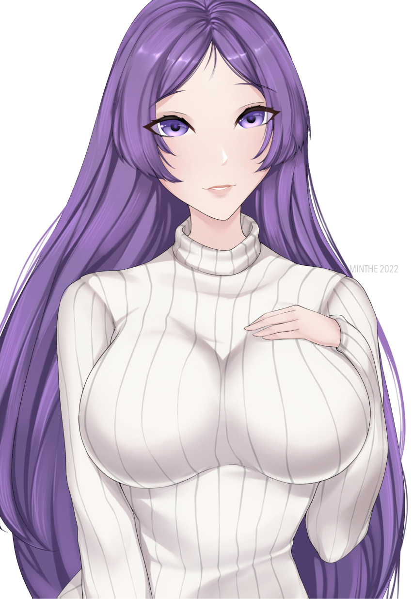 1girl absurdres breasts fate/grand_order fate_(series) female hand_on_own_chest highres looking_at_viewer minamoto_no_raikou_(fate) non-web_source purple_hair smile solo sweater violet_eyes