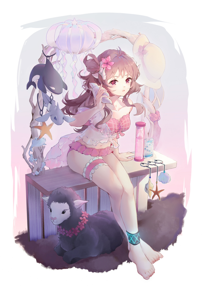 1girl absurdres animal_ears ankleband arknights bikini bottle brown_hair conch eyjafjalla_(arknights) eyjafjalla_(summer_flowers)_(arknights) flower hair_flower hair_ornament highres holding holding_shell horns hourglass infection_monitor_(arknights) keychain long_hair looking_at_viewer navel off-shoulder_bikini off_shoulder official_alternate_costume parted_lips pink_bikini pink_eyes pink_flower qing_shi_mang_xue_(user_faem7575) sarong sheep sheep_ears sheep_girl sheep_horns shell sitting solo stomach swimsuit thigh_strap white_sarong