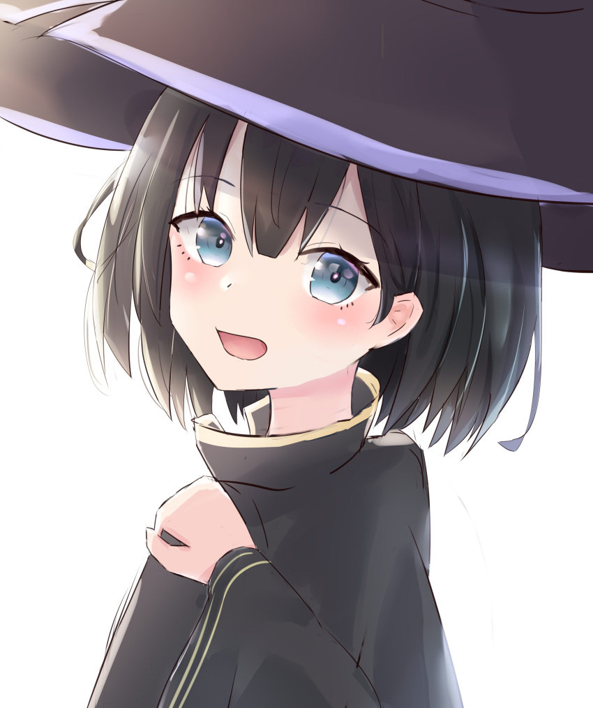 absurdres bad_id bad_pixiv_id black_hair blue_eyes blush cloak eyebrows_visible_through_hair hand_on_another's_shoulder hat highres looking_at_viewer looking_back lshiki majo_no_tabitabi open_mouth saya_(majo_no_tabitabi) short_hair white_background witch_hat