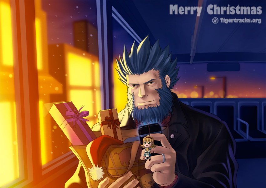 1boy artist_name bag beard blue_hair bus cellphone christmas city city_lights facial_hair gift ground_vehicle highres jewelry largo_(tales) male_focus motor_vehicle natalia_luzu_kimlasca_lanvaldear night night_sky phone ring sky smile tales_of_(series) tales_of_the_abyss text_focus zelo-lee