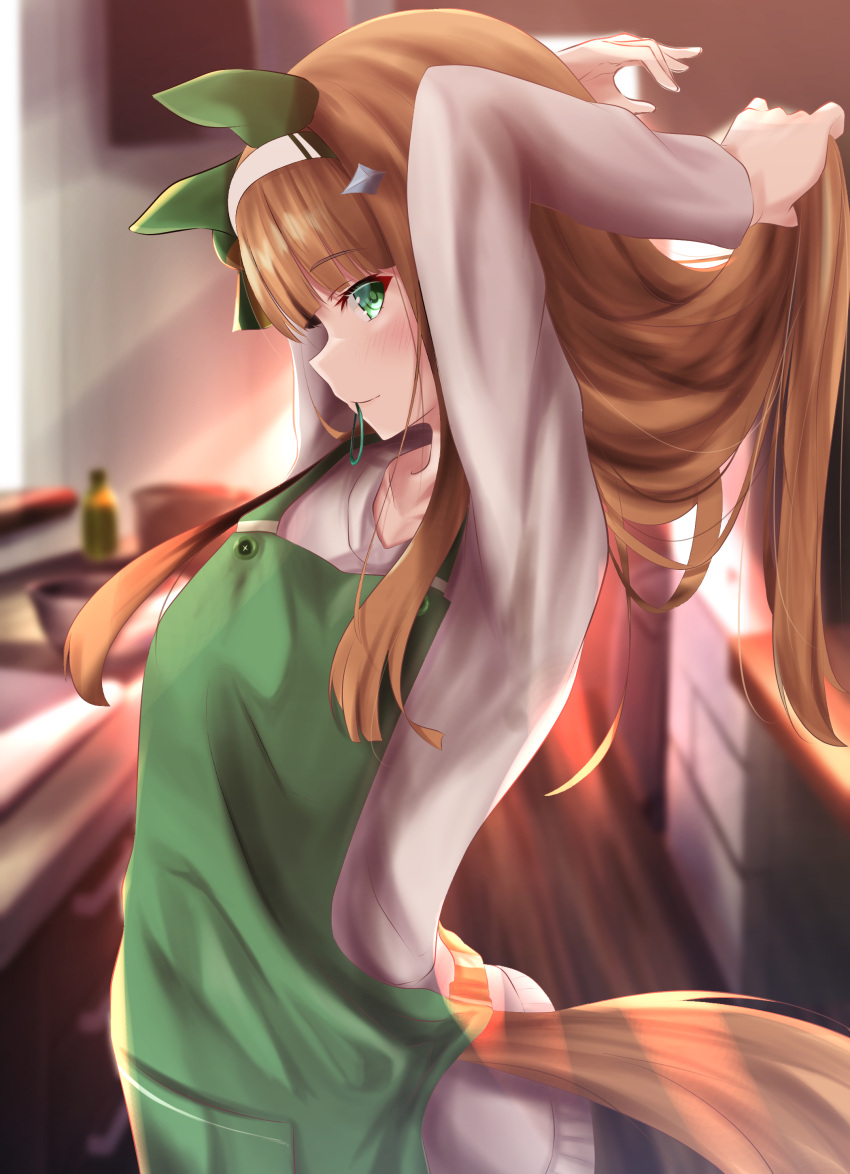 1girl absurdres adjusting_hair animal_ears apron blurry blurry_background casual commentary_request green_eyes headband highres horse_ears horse_tail kitchen looking_at_viewer nayuta0603 orange_hair silence_suzuka_(umamusume) smile solo tail umamusume