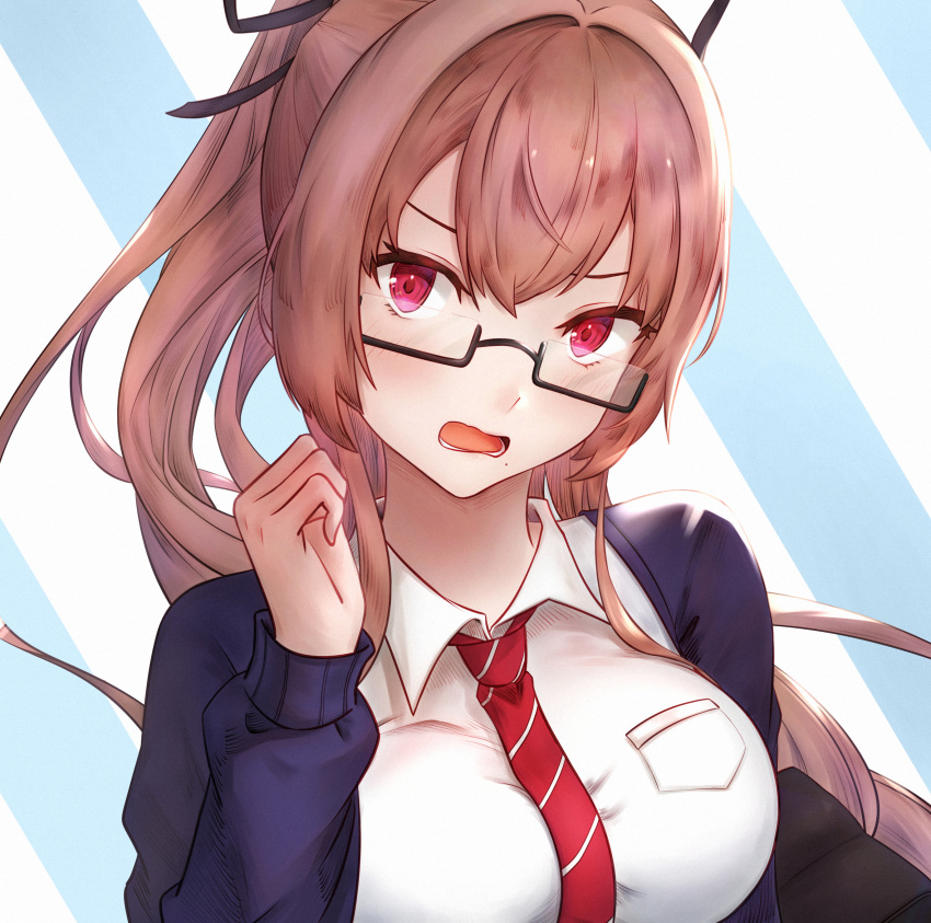 1girl absurdres azur_lane blue_background blue_cardigan breasts brown_hair cardigan collared_shirt fangxingdeyinxue highres large_breasts light_blush long_hair necktie official_alternate_costume open_cardigan open_clothes open_mouth red_eyes red_necktie school_uniform semi-rimless_eyewear shirt simple_background solo striped striped_background striped_necktie swiftsure_(azur_lane) swiftsure_(study_hall_cyclamen)_(azur_lane) under-rim_eyewear uniform upper_body white_background white_shirt wing_collar