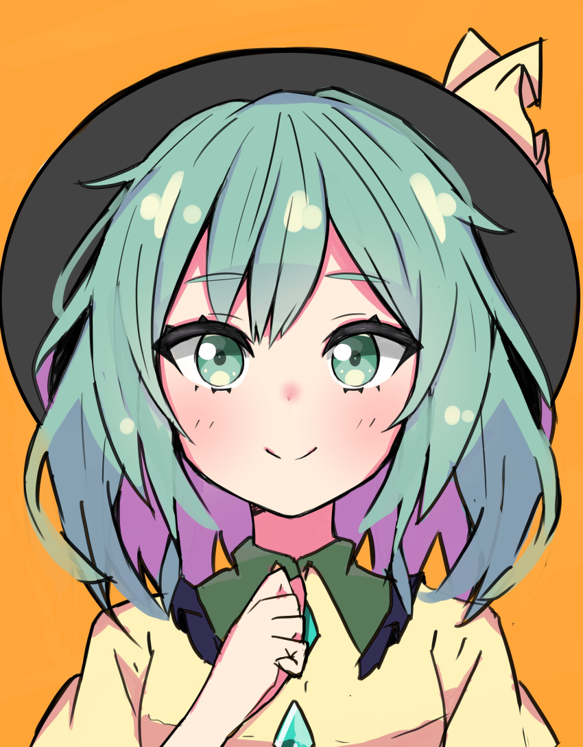 1girl absurdres bangs black_headwear blouse blush buttons closed_mouth collared_blouse commentary_request diamond_button eyebrows_visible_through_hair green_eyes green_hair hat hat_ribbon highres komeiji_koishi looking_at_viewer medium_hair nono54558 one-hour_drawing_challenge orange_background ribbon shiny shiny_hair simple_background smile solo touhou upper_body wavy_hair yellow_blouse yellow_ribbon