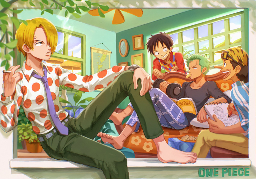 barefoot black_hair blonde_hair cigarette drawing dumbbell exercise facial_hair green_hair hair_over_one_eye highres holding indoors male_focus monkey_d._luffy multiple_boys oekakiboya one_piece open_mouth pants roronoa_zoro sanji short_hair sketchbook smile smoke smoking symbol-only_commentary usopp weightlifting weights