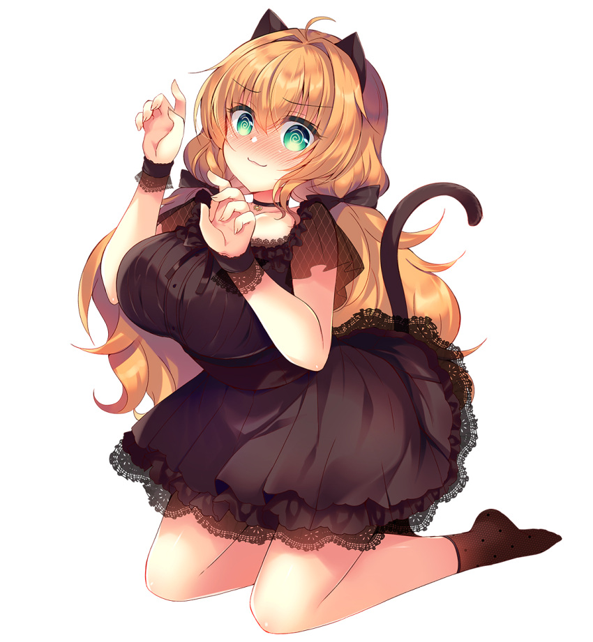 1girl @_@ ahoge animal_ears bangs black_choker black_dress blush breasts brown_hair brown_legwear cat_ears cat_girl cat_tail choker closed_mouth collarbone dress eyebrows_visible_through_hair full_body green_eyes hair_between_eyes hair_intakes highres kneeling lace-trimmed_dress lace_trim large_breasts looking_at_viewer low_twintails nervous_smile no_shoes nose_blush original polka_dot polka_dot_legwear see-through see-through_sleeves short_sleeves simple_background smile socks solo suzunone_rena tail twintails white_background wrist_cuffs