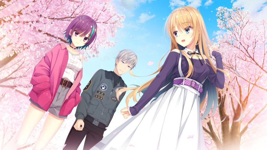 1boy 2girls :d belt belt_buckle black_choker black_pants blonde_hair blue_eyes blue_hair blue_sky braid breasts buckle cherry_blossoms choker closed_mouth clouds colored_inner_hair crown_braid day detached_collar dutch_angle eyebrows_visible_through_hair eyes_visible_through_hair feet_out_of_frame game_cg grey_hair grey_shorts hand_up hands_in_pockets highres ibaraki_rino ibuki_kanato jacket kido_tsubasa large_breasts long_hair long_sleeves medium_breasts multicolored_belt multicolored_hair multiple_girls muririn off_shoulder open_clothes open_jacket outdoors pants parquet_(yuzusoft) petals pink_belt pink_jacket purple_belt purple_hair purple_shirt shirt short_hair short_shorts shorts skirt sky smile standing streaked_hair suspender_skirt suspenders tank_top thighs tree two-tone_hair very_long_hair violet_eyes white_skirt white_tank_top