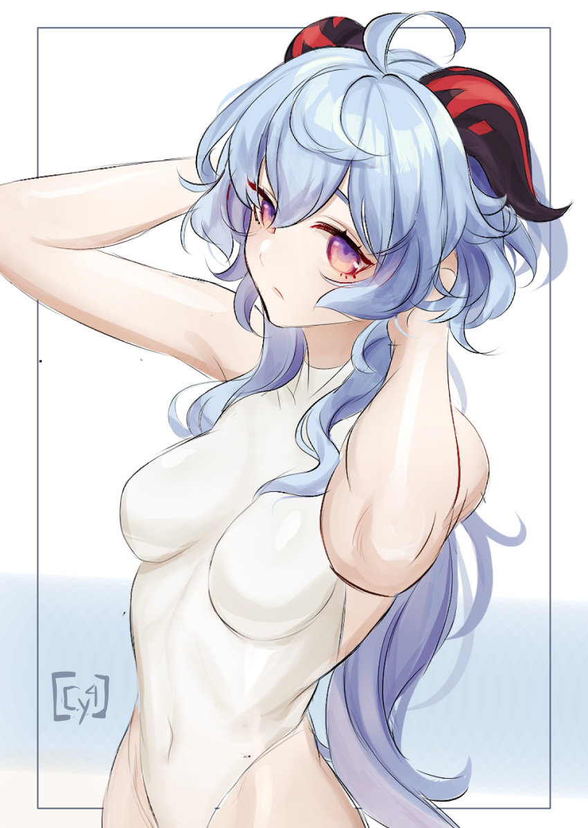 1girl absurdres ahoge arms_up bangs blue_hair blush breasts covered_navel from_side ganyu_(genshin_impact) genshin_impact highres horns long_hair looking_to_the_side low_ponytail medium_breasts multicolored_eyes notcy4n one-piece_swimsuit sidelocks signature sketch solo standing swimsuit violet_eyes white_swimsuit
