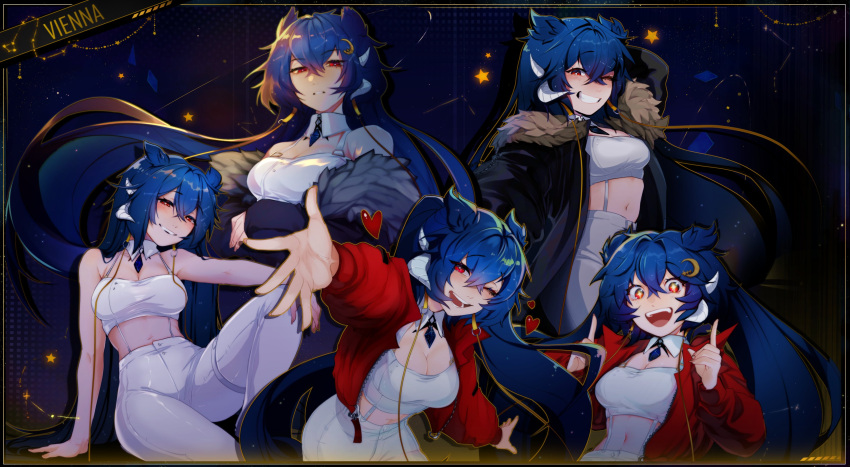 1girl absurdres arm_support bare_shoulders blue_hair breasts character_name cloud9 commentary english_commentary eyebrows_visible_through_hair grin hair_between_eyes hair_ornament heart highres horns jacket long_hair long_sleeves looking_at_viewer medium_breasts multiple_views navel one_eye_closed open_clothes open_jacket open_mouth pants parted_lips red_eyes second-party_source sitting sleeveless smile teeth tiredcatmom tongue very_long_hair vienna_(vtuber) virtual_youtuber