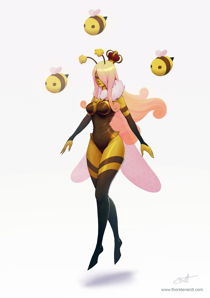 1girl animal antennae bangs bee black_skin blonde_hair breasts bug colored_skin crown full_body fur_collar hair_over_one_eye highres league_of_legends long_hair looking_at_viewer medium_breasts shiny shiny_hair simple_background solo syndra thorsten_erdt white_background wings yellow_skin
