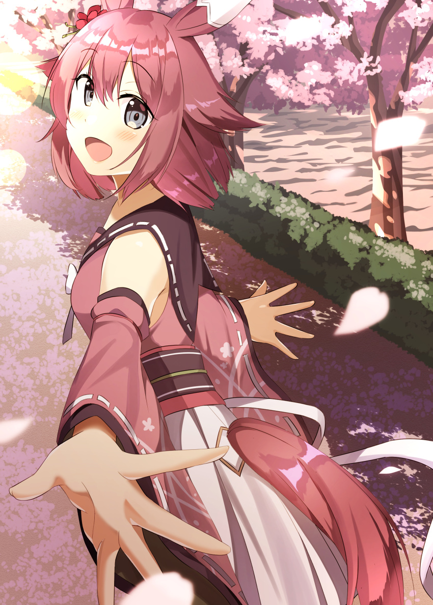 1girl absurdres am_krng76 animal_ears blue_eyes blush breasts cherry_blossoms commentary_request detached_sleeves flower hair_flaps hair_flower hair_ornament highres horse_ears horse_girl horse_tail looking_at_viewer medium_breasts open_mouth outstretched_arms petals road sakura_chiyono_o_(umamusume) short_hair solo spread_arms tail tree umamusume