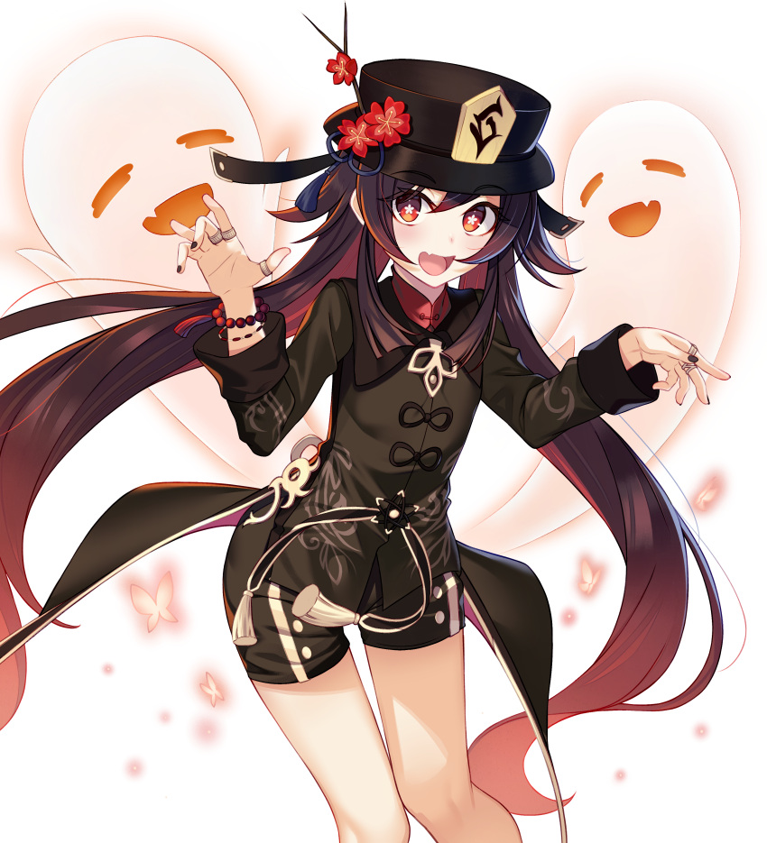 1girl absurdres bright_pupils brown_hair brown_headwear clover-shaped_pupils flower genshin_impact hair_between_eyes hat hat_flower highres hu_tao_(genshin_impact) long_hair looking_at_viewer open_mouth red_eyes red_flower rumeha_(aormsj22) smile solo symbol-shaped_pupils very_long_hair white_pupils
