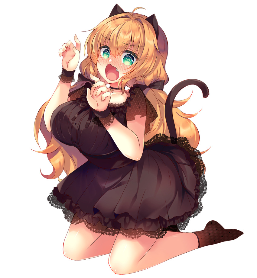 1girl @_@ ahoge animal_ears bangs black_choker black_dress blush breasts brown_hair brown_legwear cat_ears cat_girl cat_tail choker collarbone dress eyebrows_visible_through_hair fang full_body green_eyes hair_between_eyes hair_intakes highres kneeling lace-trimmed_dress lace_trim large_breasts looking_at_viewer low_twintails no_shoes nose_blush open_mouth original polka_dot polka_dot_legwear see-through see-through_sleeves short_sleeves simple_background socks solo suzunone_rena tail twintails wavy_mouth white_background wrist_cuffs