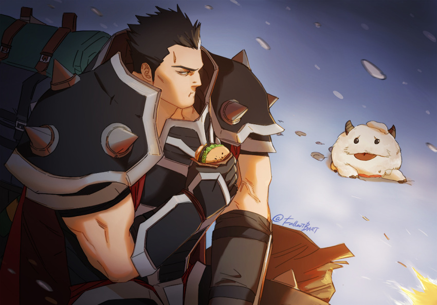 1boy armor bag black_eyes black_hair burger darius_(league_of_legends) eating falloutbart food gloves horns league_of_legends looking_at_another male_focus muscular muscular_male outdoors poro_(league_of_legends) short_hair shoulder_armor sitting snow snowing tongue tongue_out twitter_username