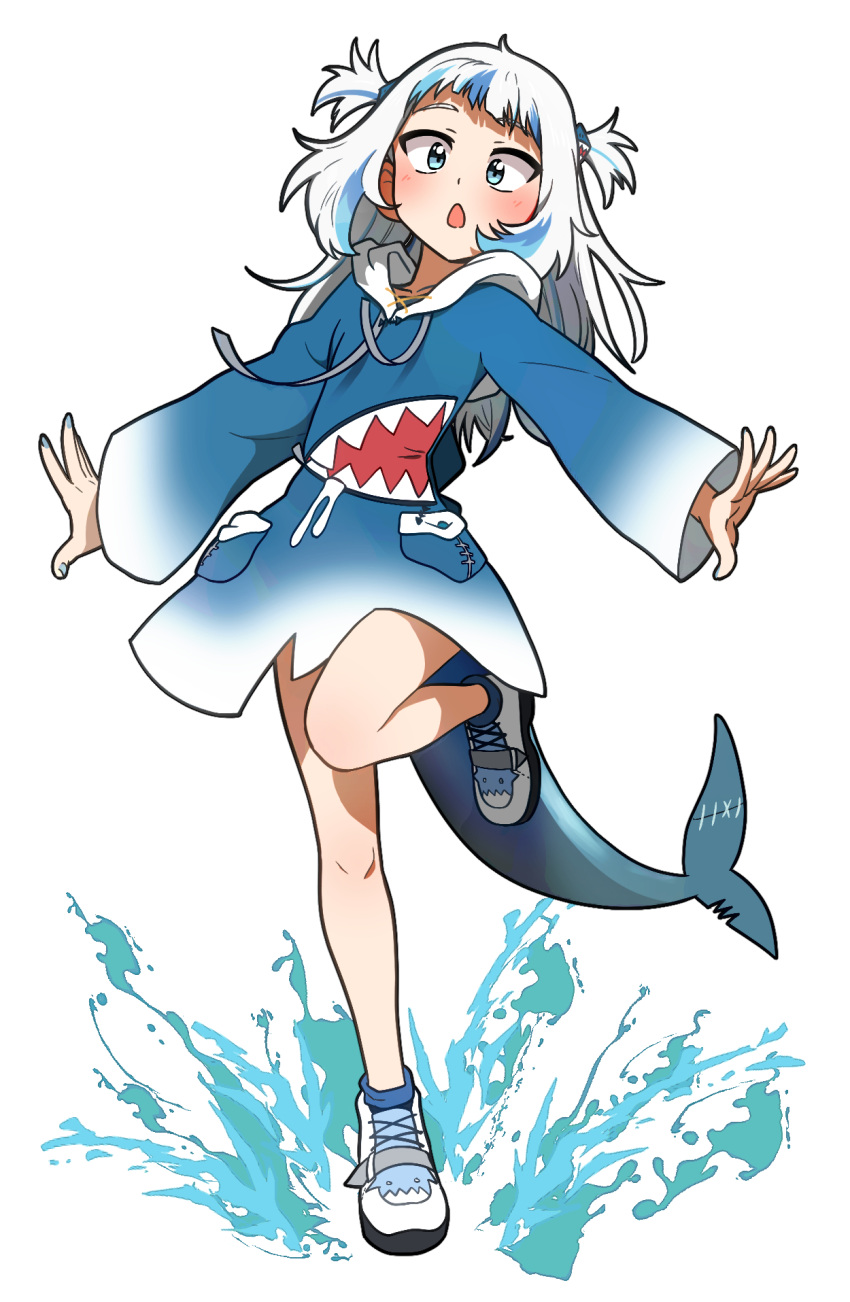 1girl :o animal_hood bangs blue_eyes blue_hoodie blue_nails ddolbang fish_tail full_body gawr_gura highres hololive hololive_english hood hoodie long_sleeves nail_polish open_mouth shark_girl shark_hood shark_tail shoes short_hair simple_background smile sneakers solo standing standing_on_one_leg tail twintails virtual_youtuber water white_background white_footwear white_hair