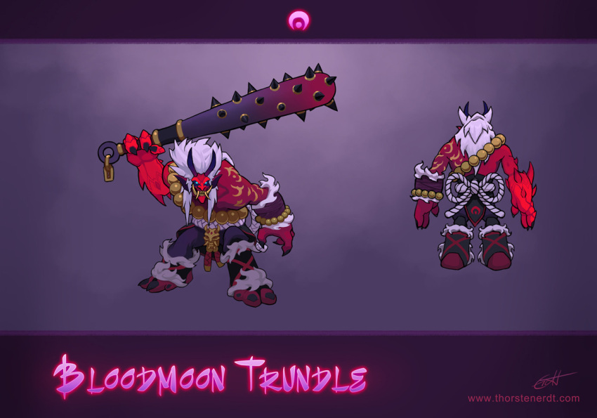 1boy alternate_costume artist_name bangs beads black_sclera colored_sclera colored_skin fangs from_behind glowing glowing_eyes green_eyes grey_hair holding holding_weapon horns league_of_legends long_hair male_focus multiple_views muscular muscular_male oni oni_horns pants pointy_ears red_skin signature standing teeth thorsten_erdt trundle weapon web_address