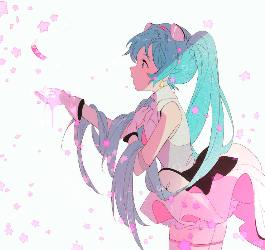 1girl balabling bare_arms blue_eyes blue_hair commentary cowboy_shot english_commentary from_side gloves hand_on_own_chest hatsune_miku highres long_hair parted_lips profile shirt simple_background skirt sleeveless sleeveless_shirt solo star_(symbol) thigh-highs twintails vocaloid white_background white_gloves white_legwear white_shirt white_skirt
