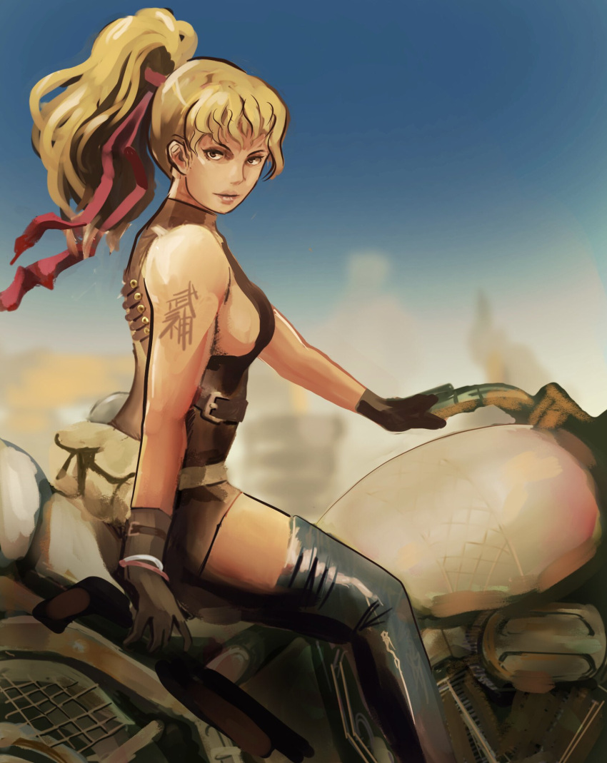 1girl alternate_costume bangs blonde_hair breasts brown_gloves final_fight genryuusai_maki gloves ground_vehicle high_ponytail highres long_hair looking_at_viewer medium_breasts meke_(77842928) motor_vehicle motorcycle outdoors ponytail solo street_fighter tattoo thigh-highs