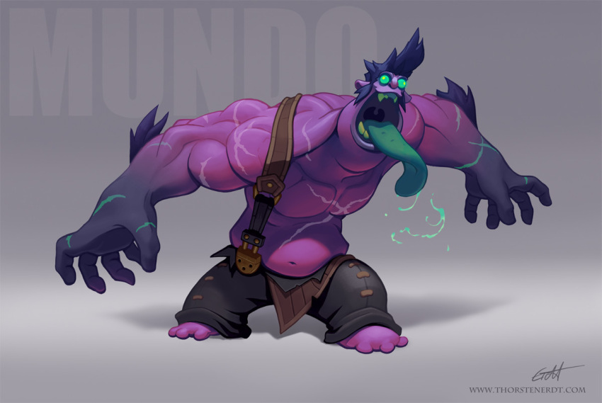 1boy alternate_costume arm_hair bangs barefoot black_pants blue_hair dr._mundo english_commentary full_body gradient gradient_background green_eyes grey_background league_of_legends long_hair long_tongue looking_at_viewer muscular muscular_male navel open_mouth open_pants pants saliva scar scar_on_arm scar_on_chest signature solo standing teeth thorsten_erdt tongue web_address