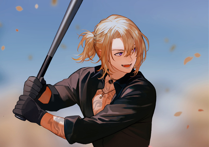 1boy baseball_bat bishounen blonde_hair commentary_request dog_tags fang gloves happy holding holding_weapon jewelry luca_kaneshiro luxiem male_focus necklace nijisanji nijisanji_en open_mouth outdoors solo tattoo upper_body violet_eyes weapon yin2000