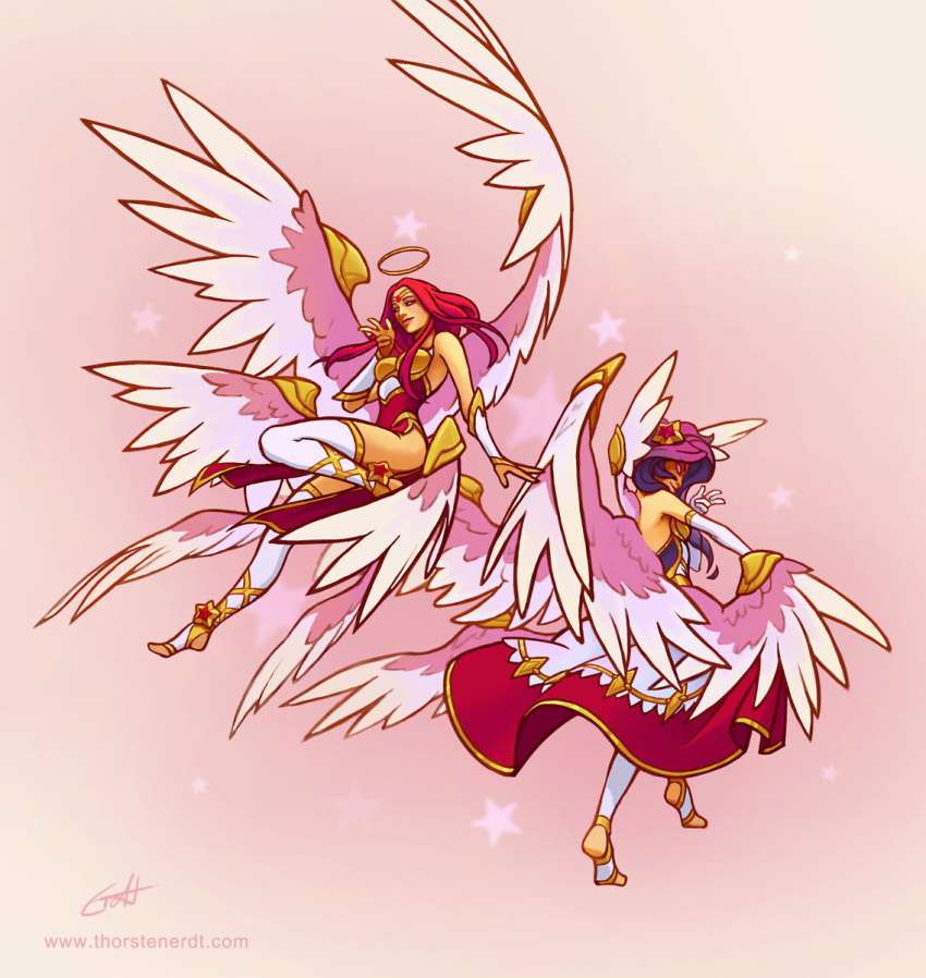 2girls alternate_costume alternate_hair_color alternate_hairstyle angel_wings bangs dress elbow_gloves from_side gloves gradient gradient_background halo highres kayle_(league_of_legends) league_of_legends long_hair morgana_(league_of_legends) multiple_girls multiple_wings pink_background pink_hair pink_wings red_dress redhead siblings signature sisters smile star_(symbol) star_guardian_(league_of_legends) thigh-highs thorsten_erdt toeless_legwear twins watermark web_address white_dress white_gloves white_legwear white_wings wings