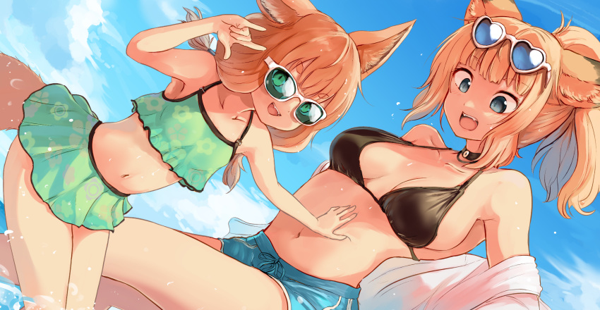 2girls :d animal_ear_fluff animal_ears arm_up bangs bare_shoulders batta_(kanzume_quality) bikini black_bikini blue_eyes blue_shorts blue_sky breasts clouds cloudy_sky collarbone commentary_request day dutch_angle eyebrows_visible_through_hair fangs feet_out_of_frame flat_chest fox_ears fox_girl fox_shadow_puppet fox_tail green_bikini halterneck hand_on_another's_stomach heart heart-shaped_eyewear highres large_breasts long_hair looking_at_viewer multiple_girls navel open_clothes open_mouth open_shirt orange_hair original partially_undressed ponytail shirt shorts sidelocks sky smile swimsuit tail thick_eyebrows tinted_eyewear v-shaped_eyebrows water white-framed_eyewear white_shirt