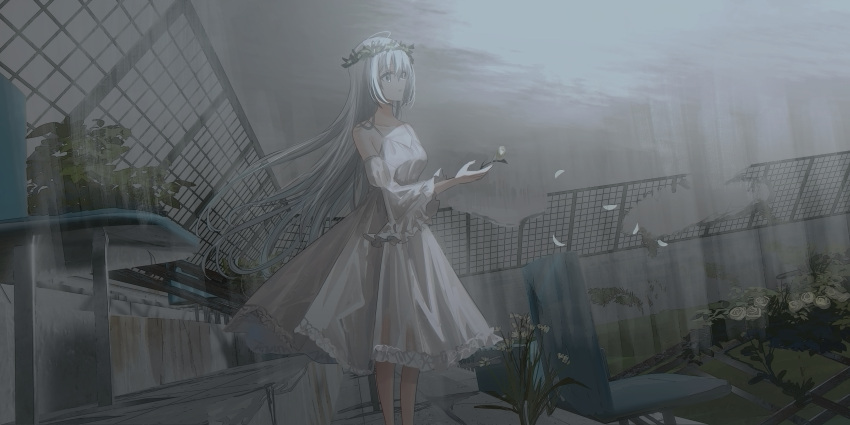 1girl absurdres ahoge chihuri detached_sleeves dress feet_out_of_frame frilled_dress frilled_sleeves frills gloves grey_hair hand_up head_wreath highres juliet_sleeves long_hair long_sleeves original outdoors overcast puffy_sleeves sleeveless sleeveless_dress solo standing very_long_hair white_dress white_gloves white_sleeves wide_sleeves