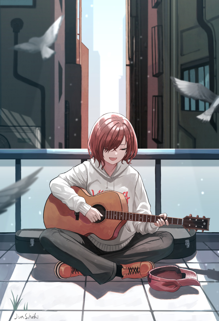 1girl acoustic_guitar baseball_cap bird black_pants brown_hair building closed_eyes crossed_legs day drawstring full_body grey_hoodie guitar guitar_case hair_over_one_eye hat hat_removed headwear_removed highres higuchi_madoka hood hood_down hoodie idolmaster idolmaster_shiny_colors instrument instrument_case junshiki long_sleeves mole mole_under_eye mole_under_mouth music on_floor open_mouth orange_footwear outdoors pants playing_instrument railing red_headwear shoes short_hair signature singing sitting solo sunlight tile_floor tiles