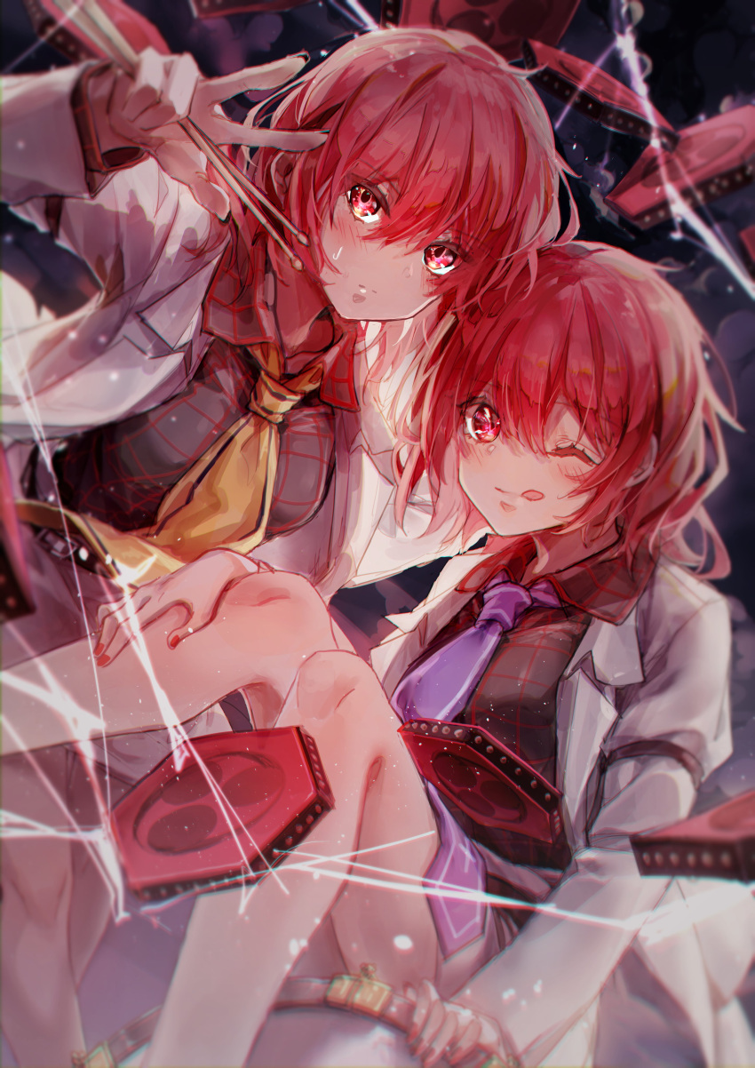 2girls absurdres arm_up bangs belt black_background black_belt black_nails blush breasts brown_shirt closed_mouth collared_jacket collared_shirt commentary_request drum drumsticks eyebrows_visible_through_hair eyes_visible_through_hair fingernails flying hair_between_eyes hand_up highres horikawa_raiko instrument jacket long_fingernails long_sleeves looking_at_viewer looking_to_the_side medium_breasts multiple_girls nail_polish necktie one_eye_closed open_clothes open_jacket plaid plaid_shirt purple_necktie red_eyes red_nails redhead shirt shometsu-kei_no_teruru short_hair simple_background sitting skirt smile tongue tongue_out touhou v white_jacket white_skirt yellow_necktie