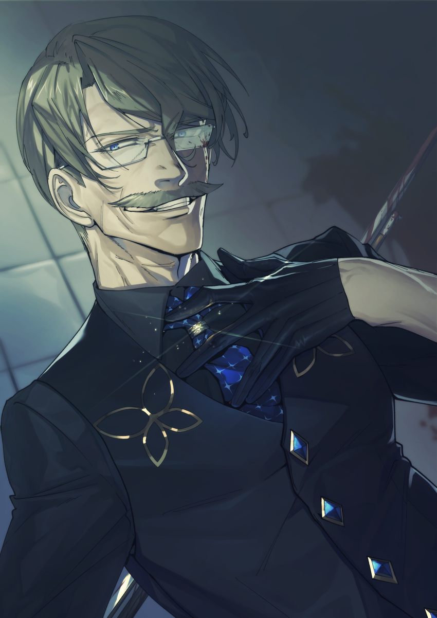 1boy absurdres alternate_hairstyle bangs black_gloves blue_eyes blue_necktie cocktail_shaker commentary_request facial_hair fate/grand_order fate_(series) glasses gloves grey_hair hand_on_own_chest highres james_moriarty_(fate) james_moriarty_(gray_collar)_(fate) long_sleeves looking_at_viewer male_focus mustache necktie official_alternate_costume old old_man shirt sleeves_past_elbows smile solo suzuki_rui teeth upper_body vest