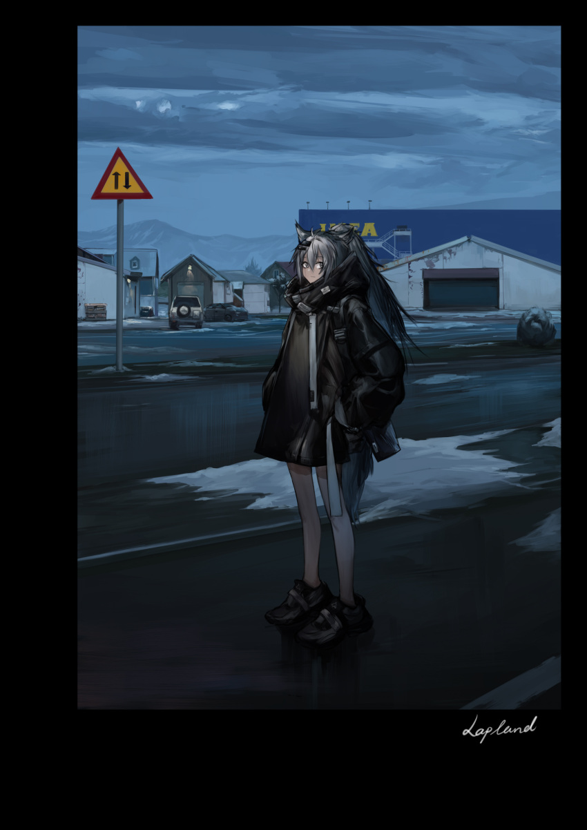 1girl animal_ear_fluff animal_ears arknights bangs black_border black_footwear black_jacket border building car character_name clouds cloudy_sky commentary_request day eyebrows_visible_through_hair grey_eyes grey_hair ground_vehicle hair_between_eyes hair_ornament hairclip hands_in_pockets high_collar highres ikea jacket kuroinu9 lappland_(arknights) long_hair long_sleeves motor_vehicle mountain outdoors ponytail puffy_long_sleeves puffy_sleeves road road_sign shoes sign sky snow solo standing street sweden tail window