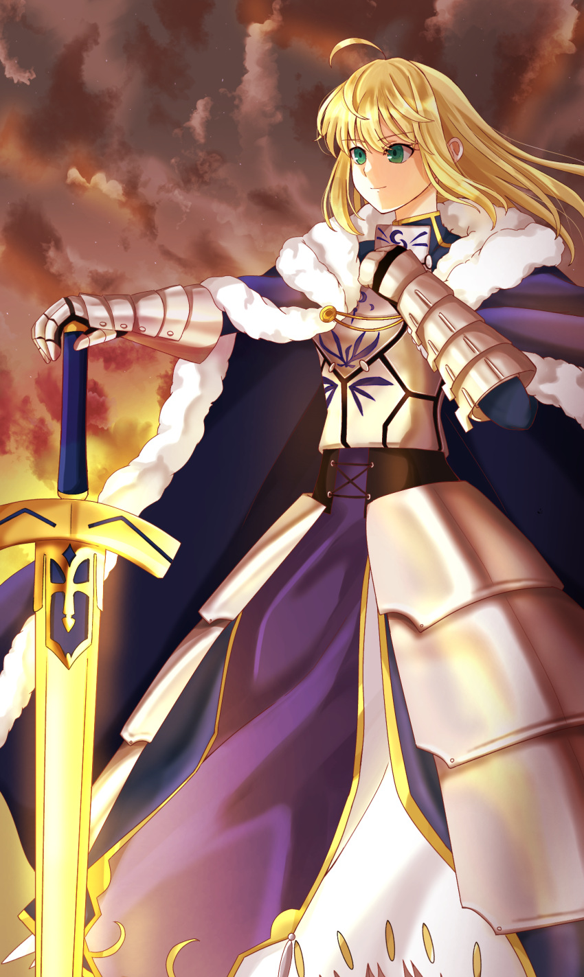 1girl ahoge armor armored_boots armored_dress artoria_pendragon_(all) bangs blonde_hair blue_dress blue_ribbon boots braid breastplate breasts closed_mouth commentary_request dress excalibur fate/stay_night fate_(series) full_body gauntlets green_eyes grey_footwear hair_ribbon highres holding holding_sword holding_weapon juliet_sleeves long_dress long_sleeves looking_at_viewer mito_(pixiv64594232) puffy_sleeves ribbon saber short_hair simple_background solo standing sword weapon
