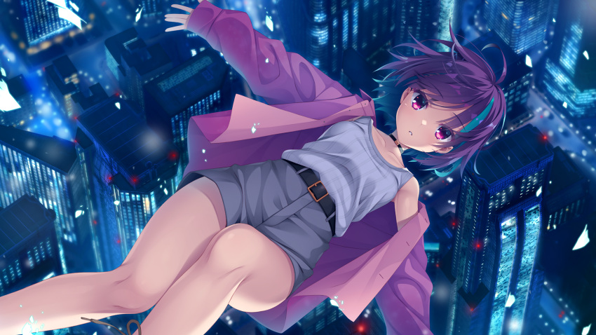 1girl belt belt_buckle blue_hair buckle building city cityscape collarbone colored_inner_hair falling feet_out_of_frame from_above game_cg grey_shorts highres ibaraki_rino jacket looking_at_viewer multicolored_hair muririn night open_clothes open_jacket open_mouth outstretched_arms parquet_(yuzusoft) parted_lips pink_jacket purple_hair short_hair short_shorts shorts skyscraper solo spread_arms streaked_hair tank_top two-tone_hair violet_eyes white_tank_top