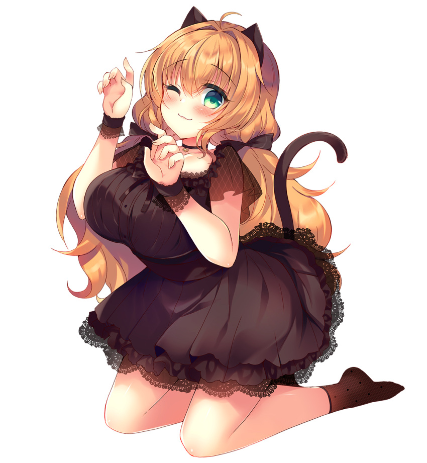 1girl ;) ahoge animal_ears bangs black_choker black_dress blush breasts brown_hair brown_legwear cat_ears cat_girl cat_tail choker closed_mouth collarbone dress eyebrows_visible_through_hair full_body green_eyes hair_between_eyes hair_intakes highres kneeling lace-trimmed_dress lace_trim large_breasts looking_at_viewer low_twintails no_shoes one_eye_closed original polka_dot polka_dot_legwear see-through see-through_sleeves short_sleeves simple_background smile socks solo suzunone_rena tail twintails white_background wrist_cuffs